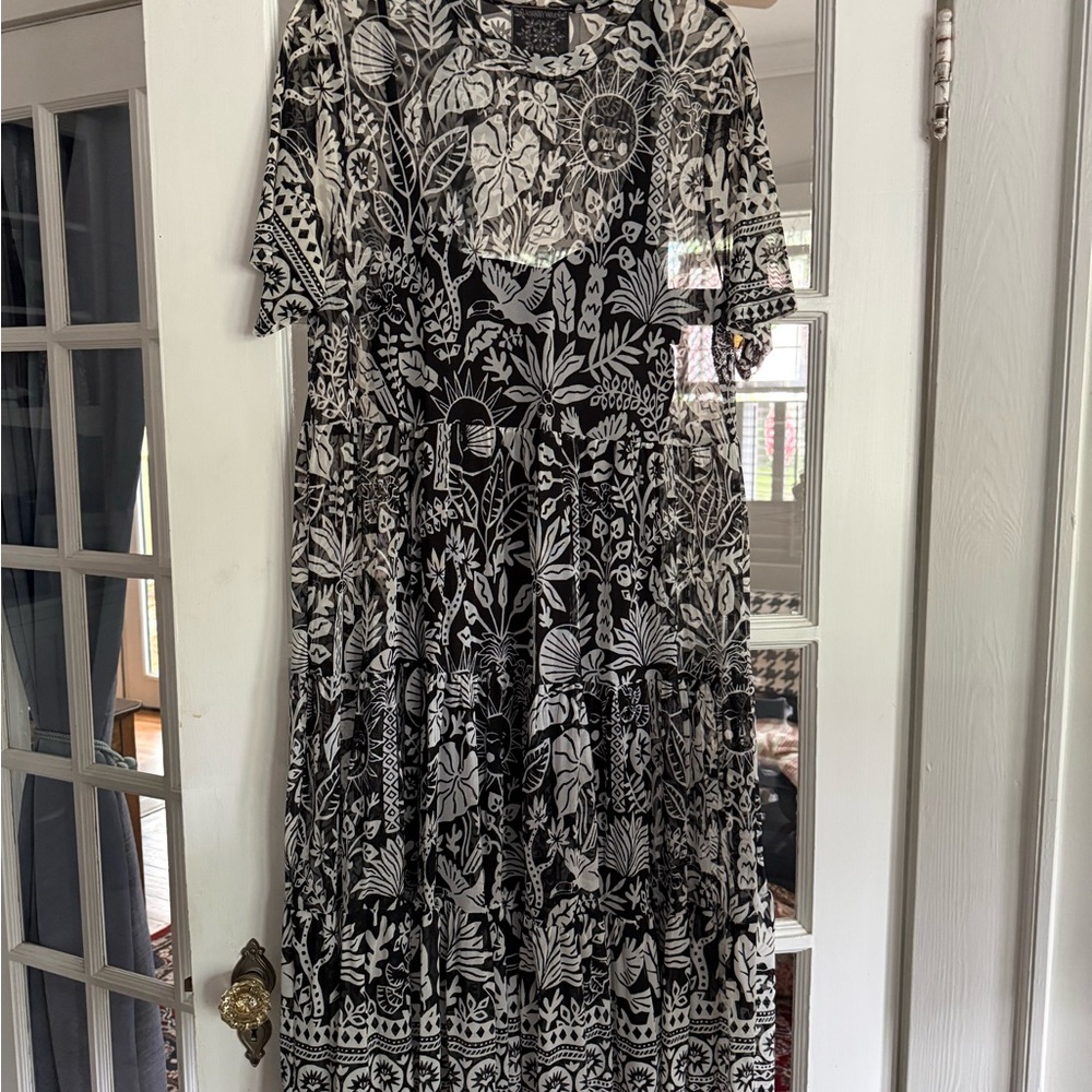 Johnny Was Black & White Floral and Celestial Print Mesh Midi Dress - Picture 2 of 6